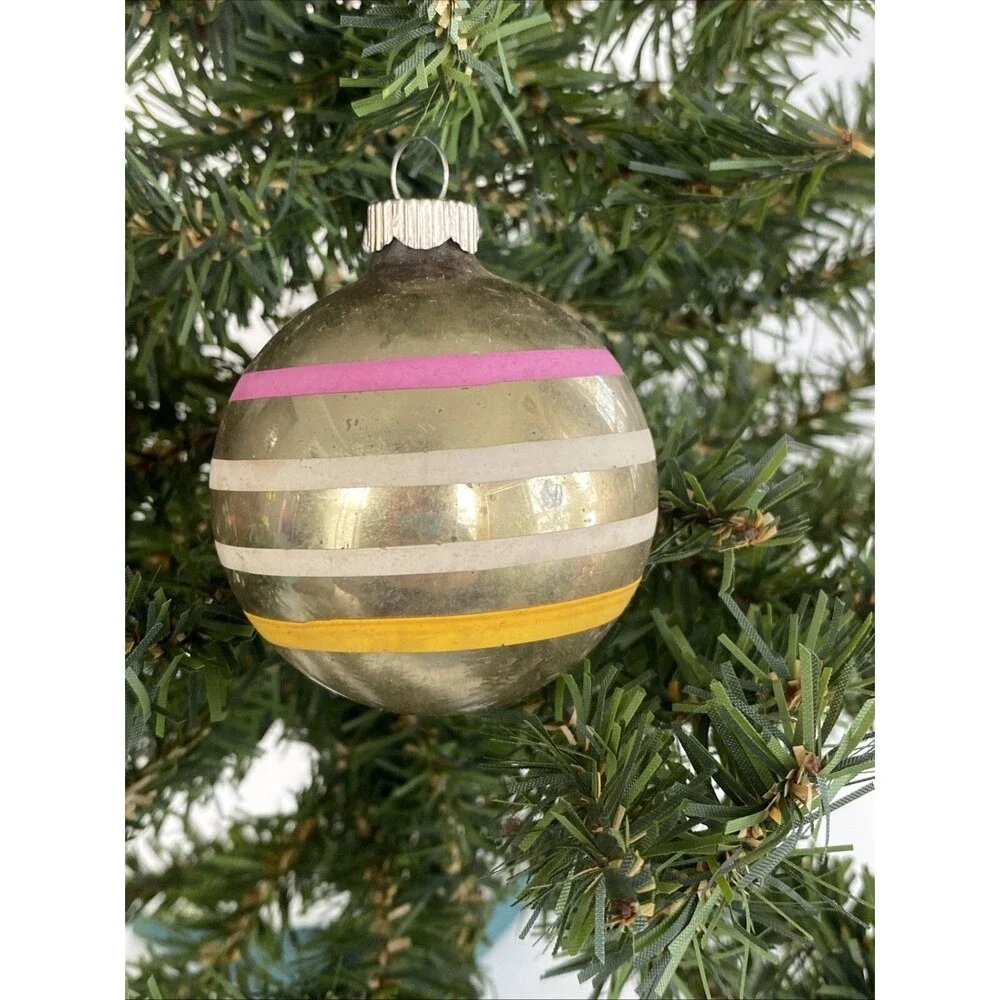 Vintage Christmas Glass Ball Ornament Striped Shiny Brite & Made USA Lot of 2